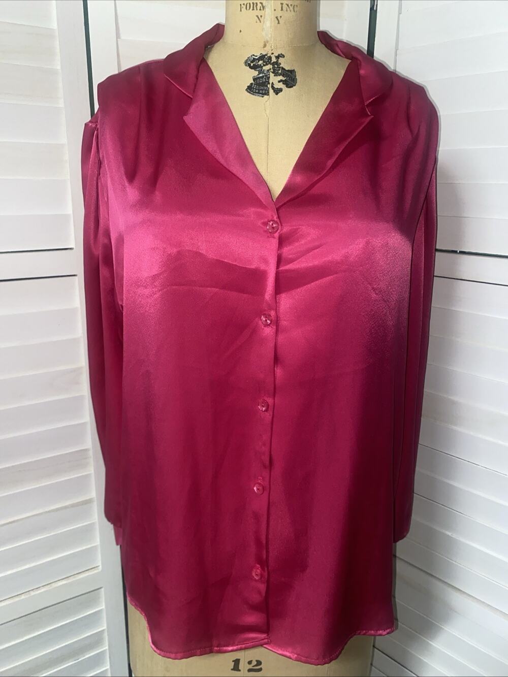 80s Women’s Hot Pink Silky Long Sleeve Blouse Top Academia Colorful Size Large